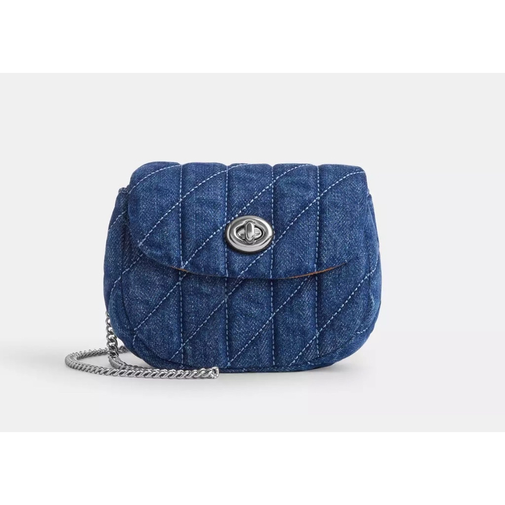 Coach Turnlock Card Case Crossbody purse‎ w/ Quilting in denim & silver